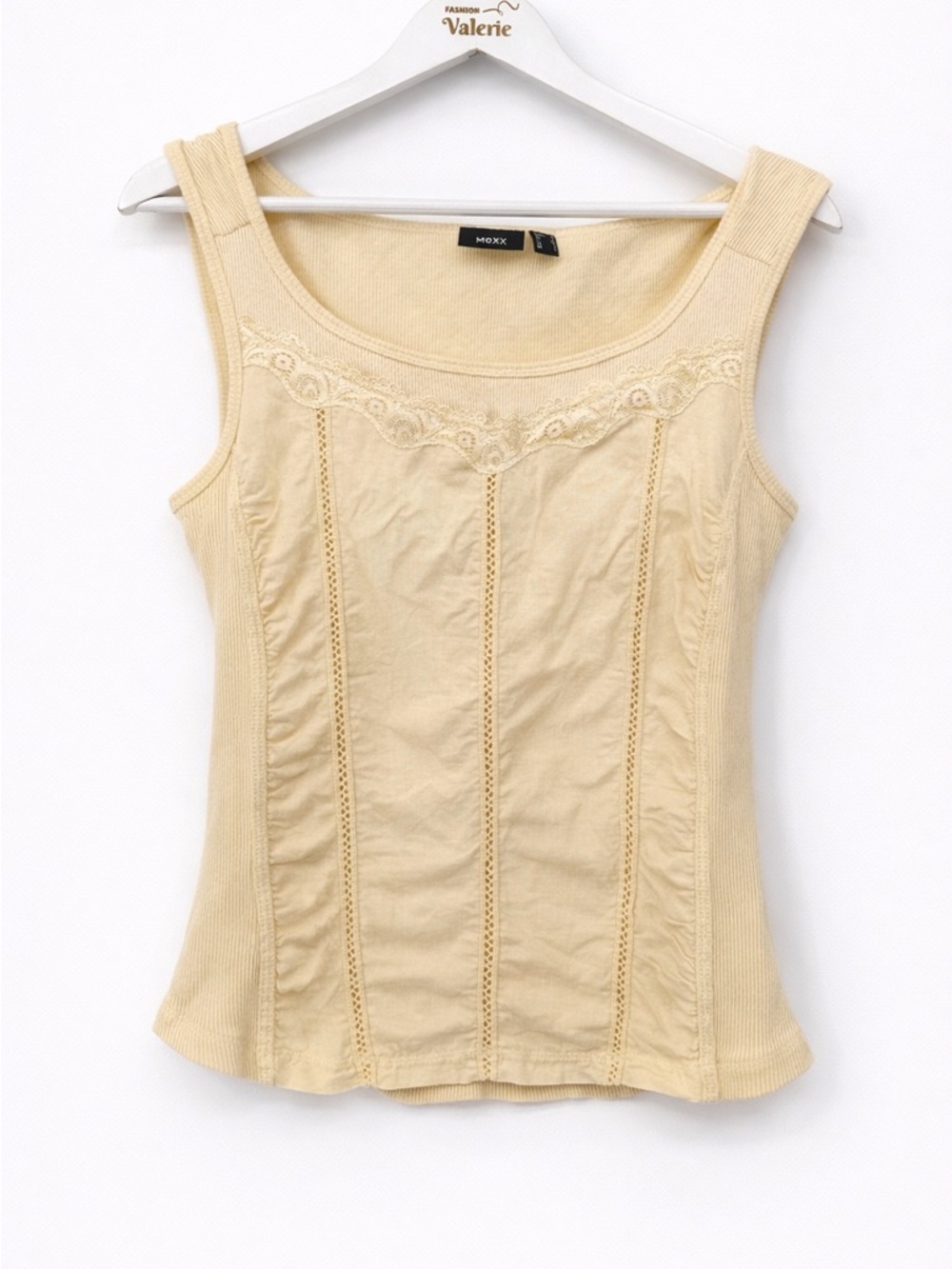 Mexx Butter Yellow Tank Top Corset Style Cotton Ribbed Size Large Lace Y2k